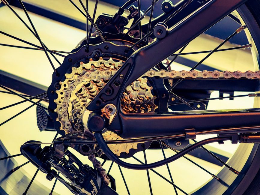 Détail d'une roue de vélo, rayons, cassette et chaîne