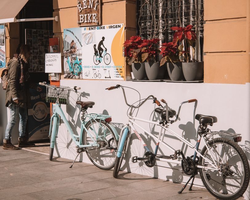 Vélos de location alignés devant la devanture d'un atelier de location de cycles